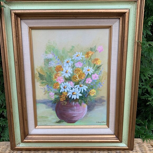 Vintage Original Art Floral Stillife in Round Vase. Acrylic Painting, Daisies, M - Picture 2 of 11